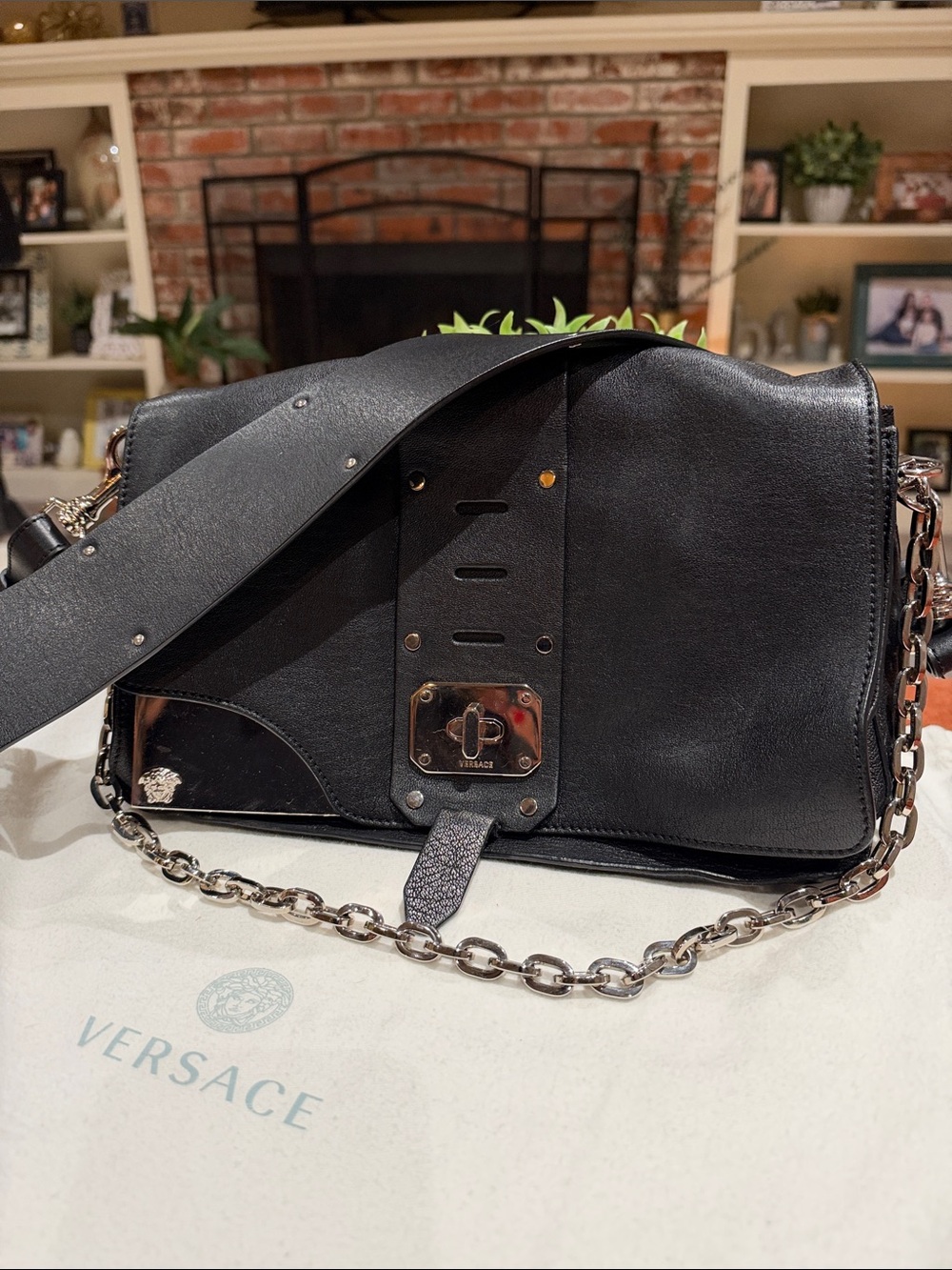 Versace Black Leather Shoulder Bag with Silver Chain Strap